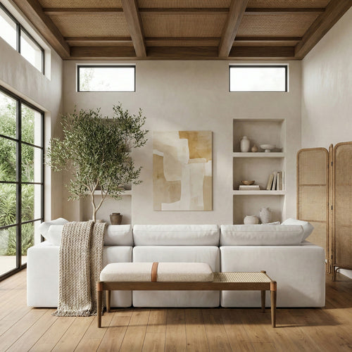 Nara Linen Textured Fabric Upholstered Bench in Beige