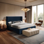 Oxford Linen Textured Fabric Upholstered Queen Bed (3 Boxes) in Navy