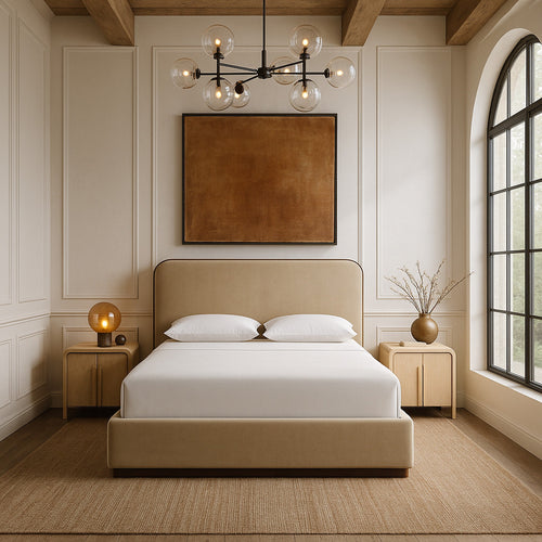 Rava Velvet Upholstered King Bed in Beige / Brown