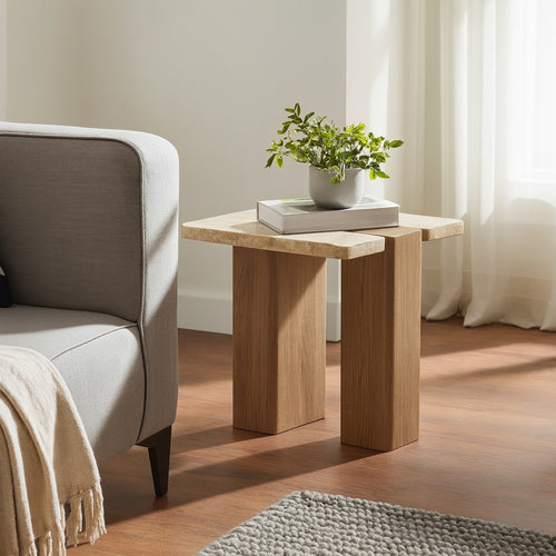 Ravenna Genuine Travertine and Oak Wood End / Side Table in Natural