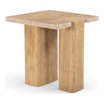 Ravenna Genuine Travertine and Oak Wood End / Side Table in Natural