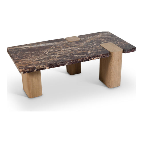 Ravenna Genuine Marble Top And Oak Wood Base Coffee Table in Burgundy