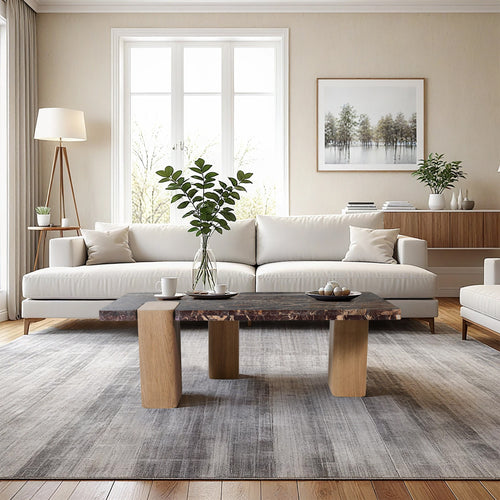 Ravenna Genuine Marble Top And Oak Wood Base Coffee Table in Burgundy