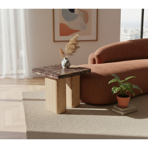 Ravenna Genuine Marble Top And Oak Wood Base End / Side Table in Burgundy