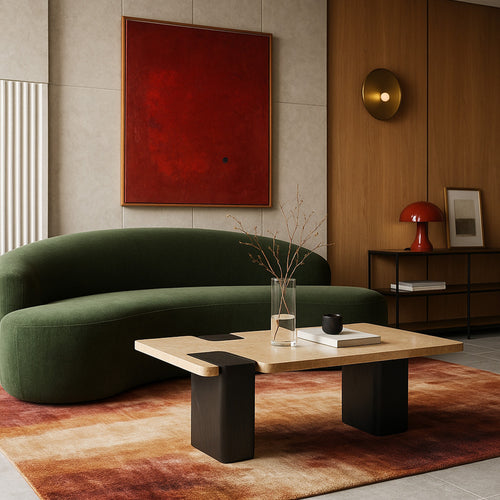 Ravenna Genuine Travertine Top And Oak Wood Base Coffee Table in Natural