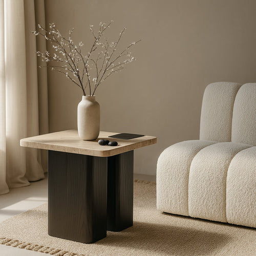 Ravenna Genuine Travertine Top And Oak Wood Base End / Side Table in Natural