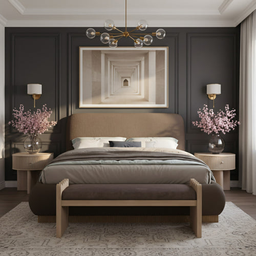 Rigby Linen Textured Fabric Upholstered King Bed in Brown