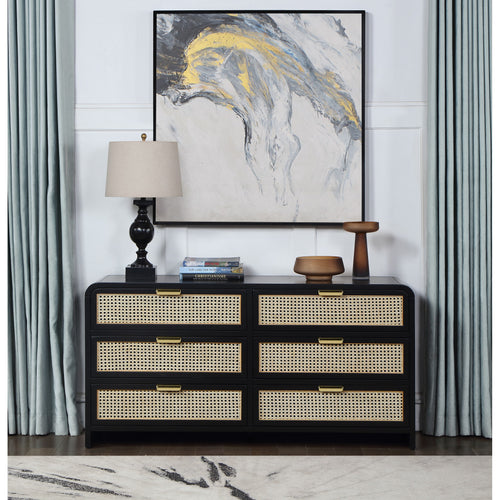 Sage Solid Wood And Natural Cane Wood Dresser in Black
