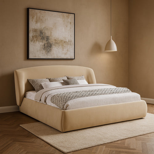 Sandro Chenille Fabric Upholstered Queen Bed in Beige