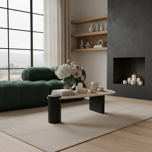 Taverna Travertine Top And Oak Wood Base Coffee Table in Natural