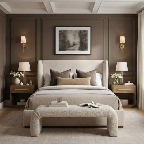 Aurin Linen Textured Fabric Upholstered Queen Bed in Beige