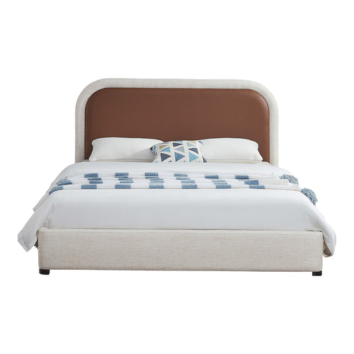 Blake Two Tone Vegan Leather And Linen Textured Fabric Upholstered Queen Bed in Brown