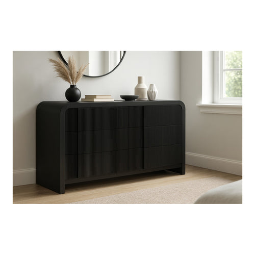 Fluted Solid Wood And Oak Veneer Dresser in Black