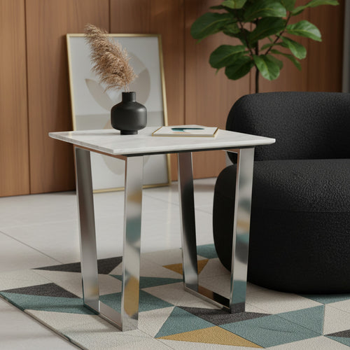 Carlton Marble Veneer Top And Steel Base End / Side Table in Chrome
