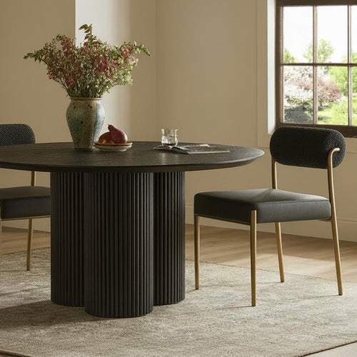 Carly Boucle Fabric And Vegan Leather Upholstered Dining Chair in Black
