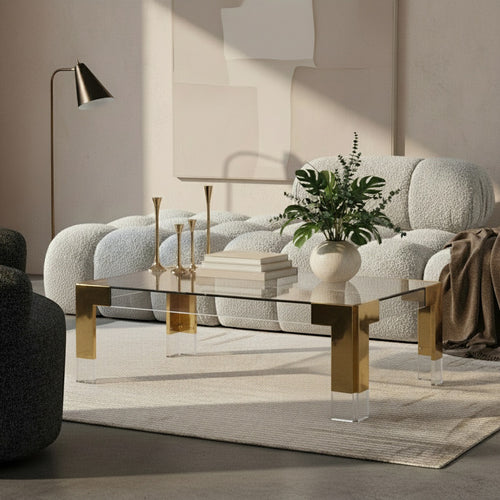 Casper Rectangular Glass Top, Acrylic And Metal Base Coffee Table in Gold