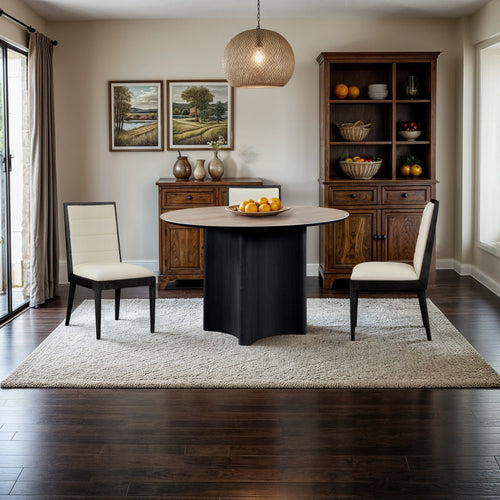 Corvina 46.5" Travertine Sintered Stone Top And Oak Veneer Base Dining Table in Black