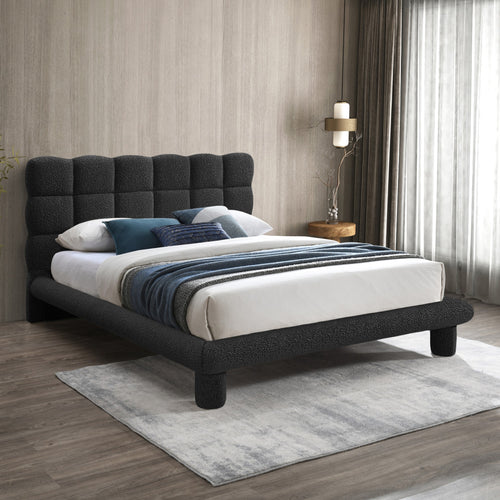 Deco Boucle Fabric Upholstered Queen Bed (3 Boxes) in Black
