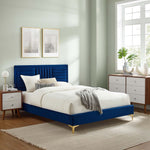 Sofia King Velvet Channel Tufted Platform Bed in Navy
