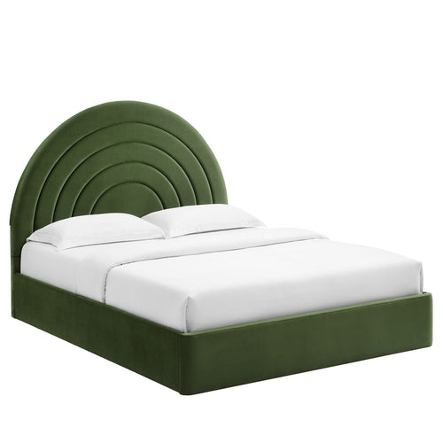 Solana King Arched Velvet Platform Bed in Moss Green