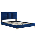 Sofia King Velvet Channel Tufted Platform Bed in Navy