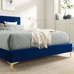 Yasmine King Velvet Channel Tufted Platform Bed in Navy