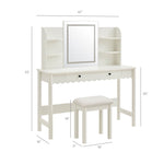 Emmeline Scalloped Vanity Desk With LED Mirror and Stool in White Ivory