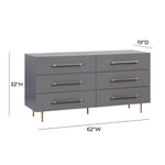 Trident 62" Vegan Leather 6-Drawer Dresser in Grey