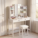 Emmeline Scalloped Vanity Desk With LED Mirror and Stool in White Ivory