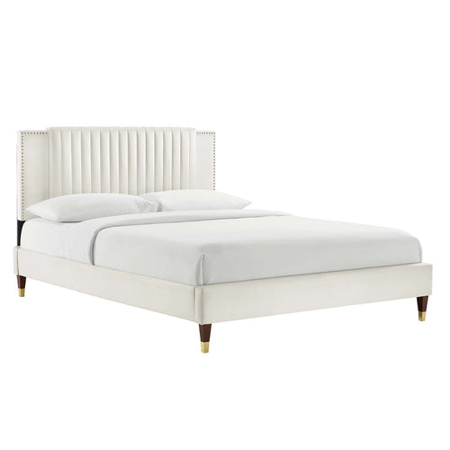 Zahra Queen Velvet Channel Tufted Platform Bed in White