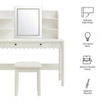 Emmeline Scalloped Vanity Desk With LED Mirror and Stool in White Ivory