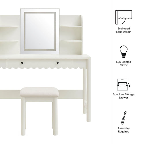 Emmeline Scalloped Vanity Desk With LED Mirror and Stool in White Ivory