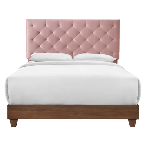 Rhiannon Queen Diamond Tufted Velvet Bed in Walnut Dusty Rose