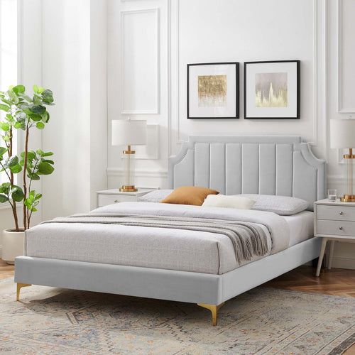 Sienna King Velvet Platform Bed in Light Gray
