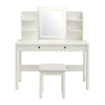 Emmeline Scalloped Vanity Desk With LED Mirror and Stool in White Ivory