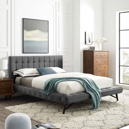 Julia Queen Velvet Biscuit Tufted Platform Bed in Gray