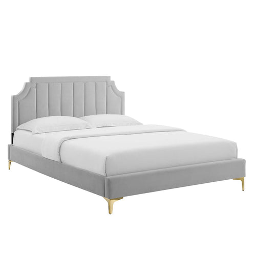 Sienna King Velvet Platform Bed in Light Gray