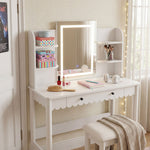 Emmeline Scalloped Vanity Desk With LED Mirror and Stool in White Ivory