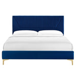 Yasmine King Velvet Channel Tufted Platform Bed in Navy