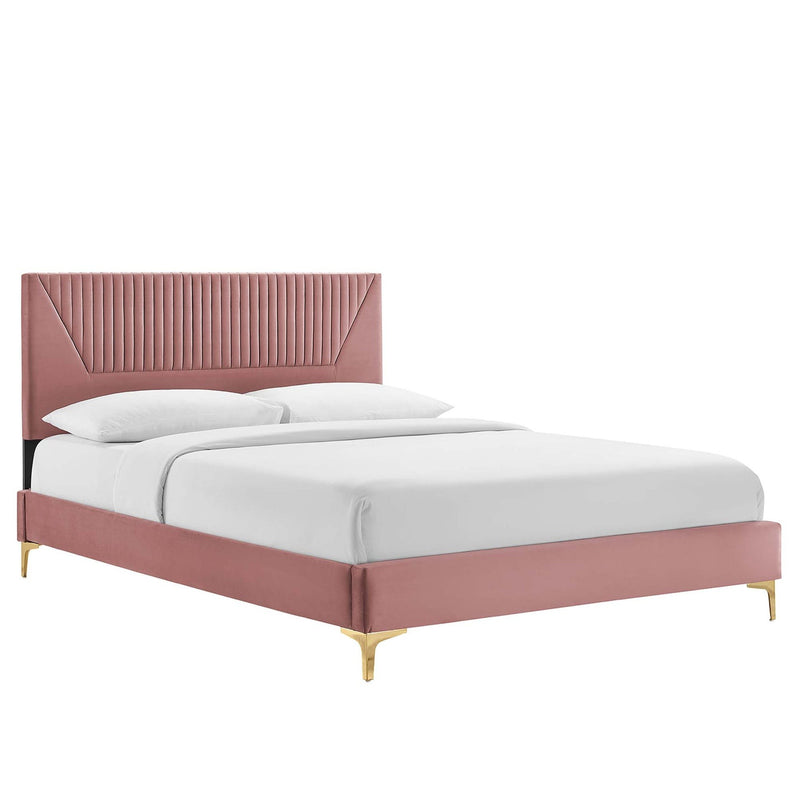 Yasmine King Velvet Channel Tufted Platform Bed in Dusty Rose