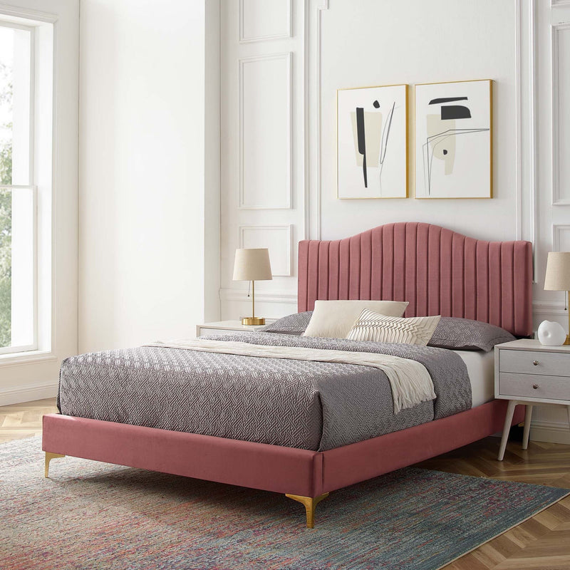 Juniper King Velvet Platform Bed with Gold Metal Legs in Dusty Rose
