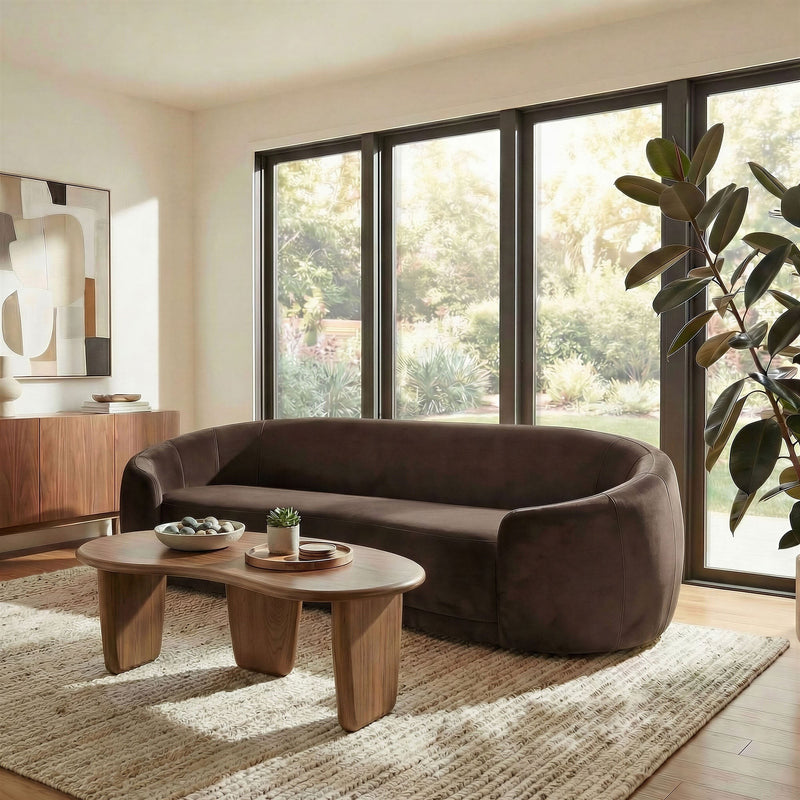 Contessa Curved Velvet Sofa in Chocolate Brown